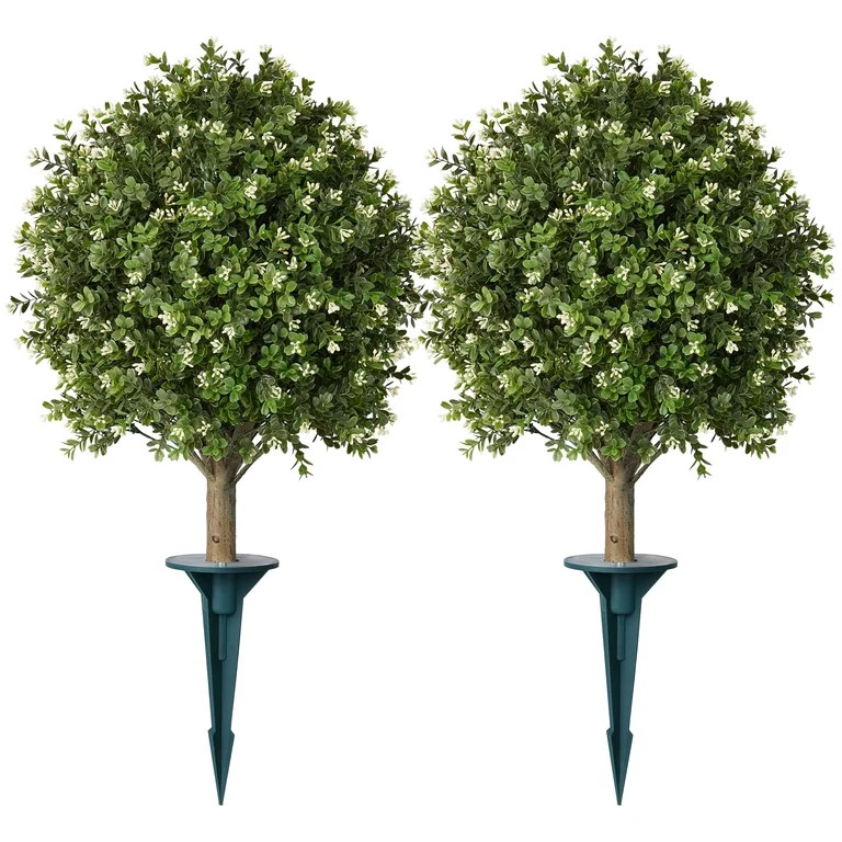 DR.Planzen 2 Pack 20'' Artificial Boxwood Topiary Ball Plant with White Flowers, Fake Flowering S... | Walmart (US)