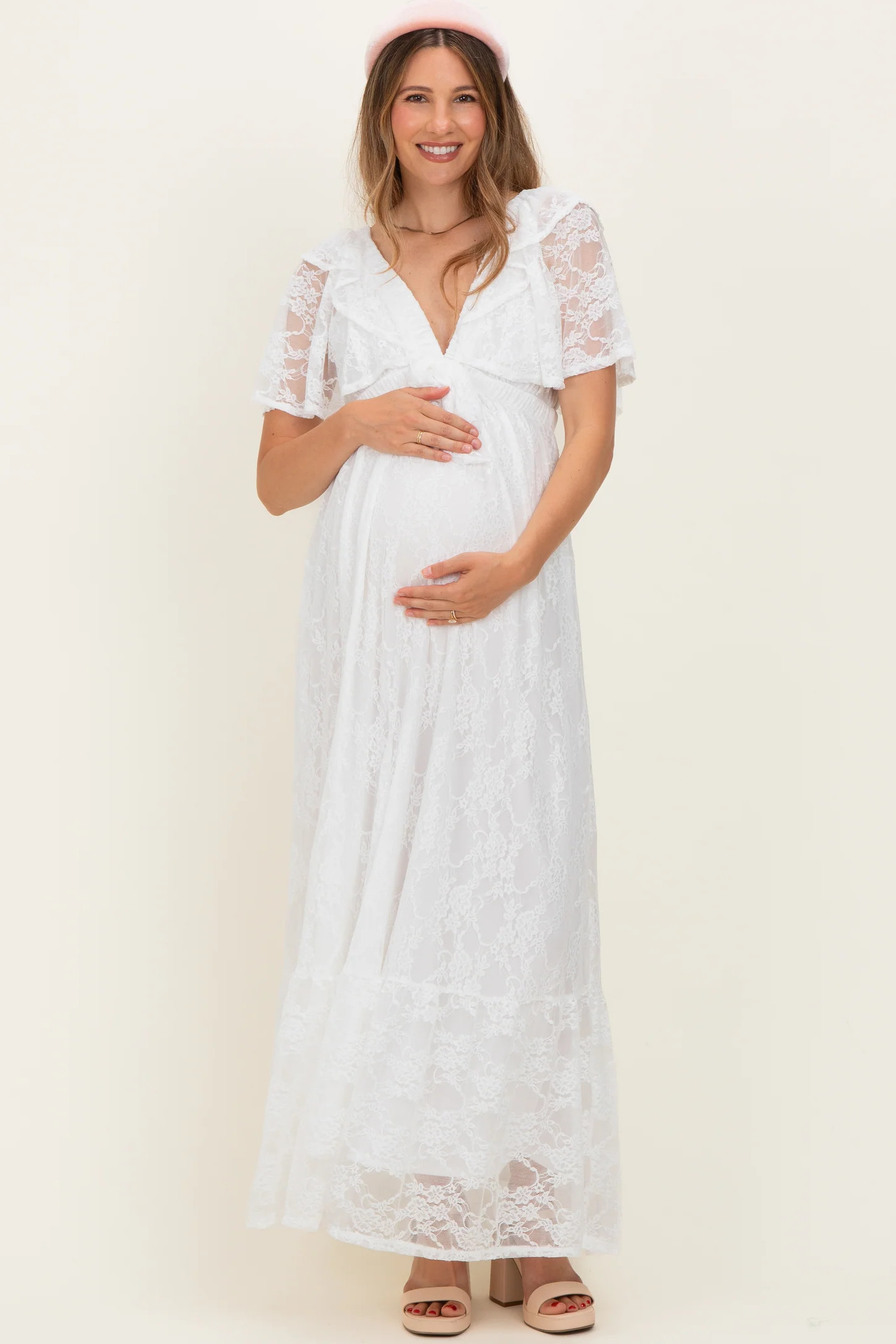 Ivory Lace Flutter Sleeve Tiered Maternity Maxi Dress | PinkBlush Maternity