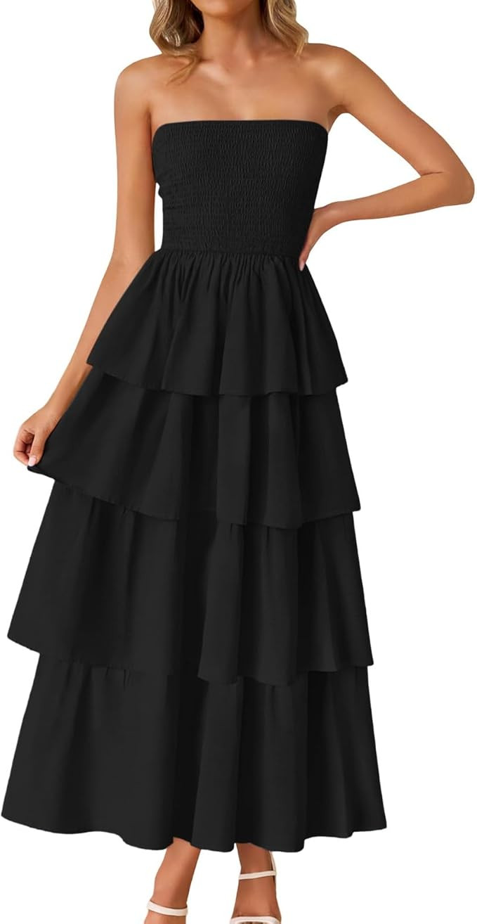 Women‘s Summer Boho Strapless Maxi Dress 2025 Casual Sleeveless Off Shoulder Smocked Tiered Bea... | Amazon (US)