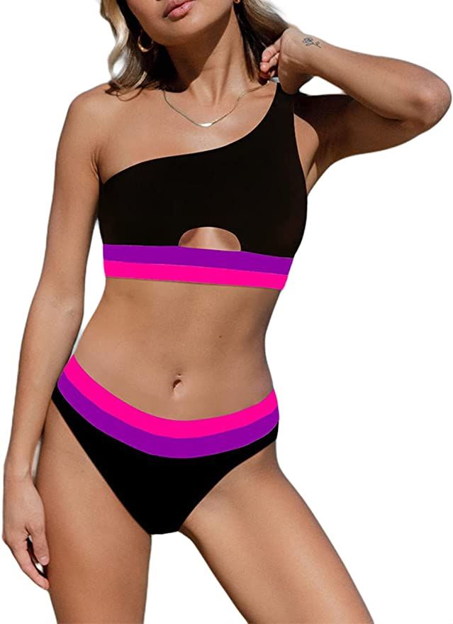 Hilinker Women's Floral Print Mesh Trim Bikini Swimsuit One Shoulder 2 Piece Bathing Suit | Amazon (US)