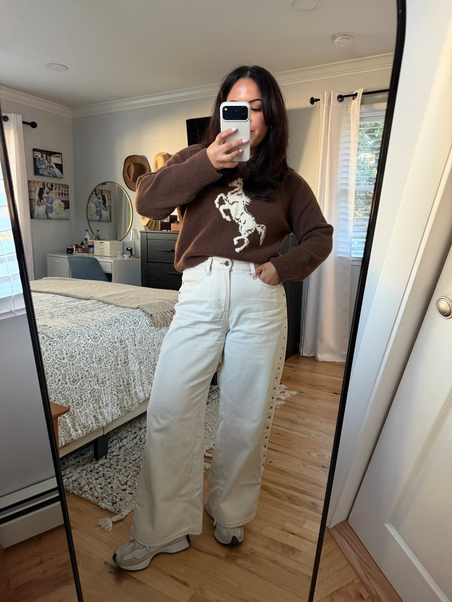 Effortless, casual everyday outfit that’s perfect for running errands, weekend plans, or a cozy fall day. I styled these Old Navy studded wide-leg jeans with the cutest Abercrombie horse sweater for a fun, relaxed vibe. Finished the look with my go-to New Balance sneakers for all-day comfort.

If you love an easy, throw-on-and-go outfit that still feels put together, this combo is it. Great for casual street style, neutral wardrobe lovers, and anyone wanting a trendy but comfy outfit. Linking everything below! 

 #LTKootd #LTKPetite #LTKFindsUnder50