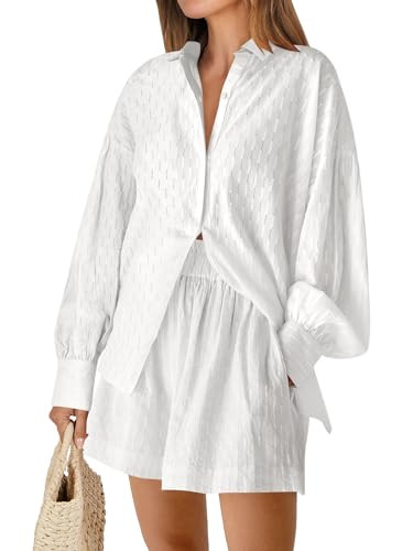 Caracilia Women's Summer 2 Piece Outfits Button Down Shirt and Shorts Matching Lounge Set Trendy ... | Amazon (US)