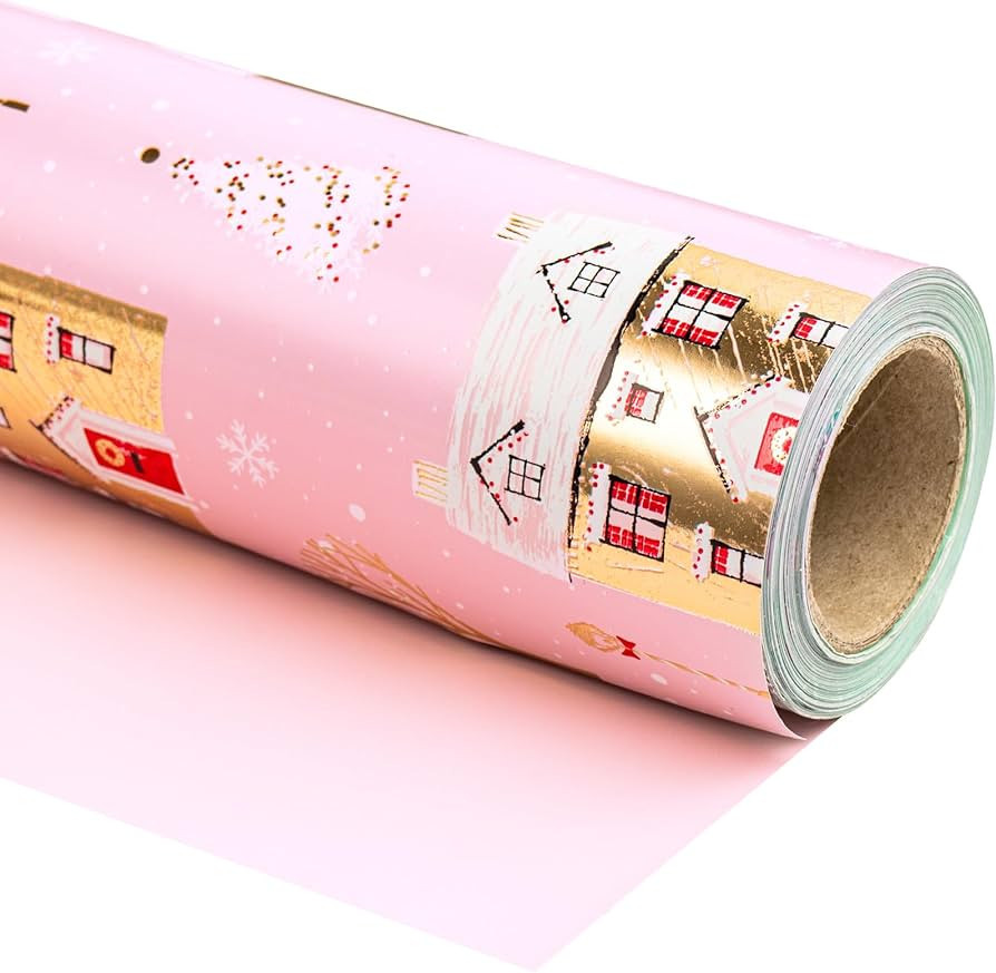 WRAPAHOLIC Reversible Christmas Wrapping Paper - Mini Roll - 17 Inch X 33 Feet - Pink House and P... | Amazon (US)