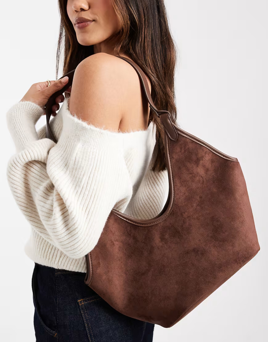 Glamorous faux suede structured shoulder tote bag in dark brown | ASOS (Global)
