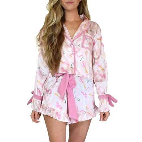 Faretumiya Women Cute Christmas Silk Pajama Bow Tie 2 Piece Xmas Print Pjs Long Sleeve Shirt Ruffle Shorts Set Loungewear(Knotted Light Pink,Medium) | Amazon (US)