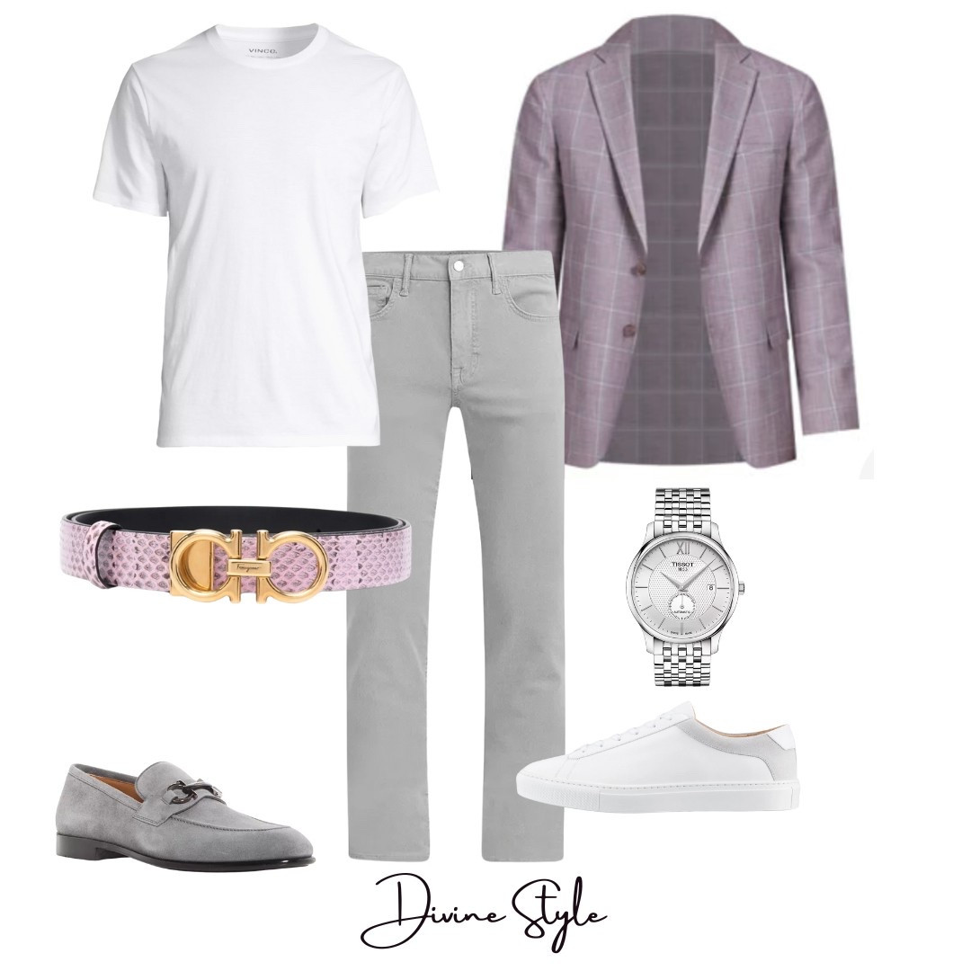Men’s smart, casual outfit. Elevated look with gray jeans, a purple windowpane blazer and polished white t-shirt you can wear to the office, for business travel or to spring events or dinners.

#LTKWorkwear #LTKMens #LTKShoeCrush