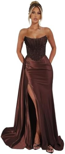 Strapless Corset Prom Dress 2026 Sparkly Mermaid Satin Formal Evening Party Gowns with Slit | Amazon (US)
