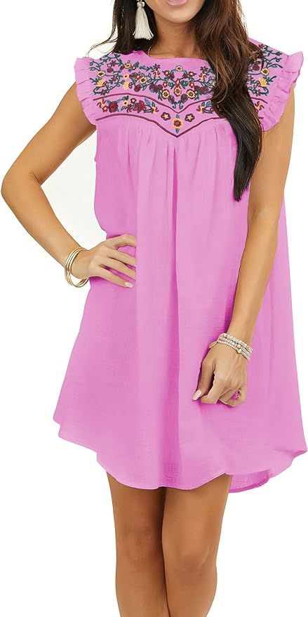 KIRUNDO 2023 Women's Summer Mini Dress Casual V Neck Floral Embroidered Ruffle Sleeveless Shift D... | Amazon (US)