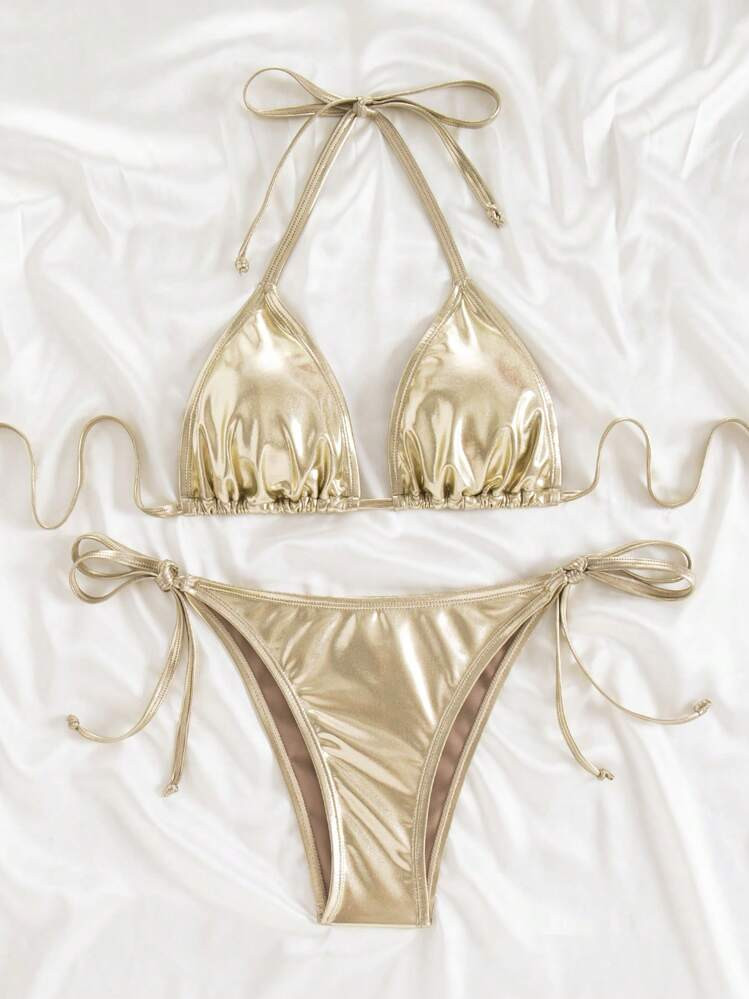 SHEIN Swim Solid Metallic Halter Triangle Tie Side Summer Beach Bikini Set | SHEIN