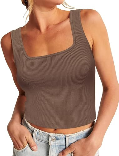 Zeagoo Womens 2024 Ribbed Tank Tops Summer Sleeveless Square Neck Shirts Casual Sexy Slim Fitted Basic Knit Tees Brown | Amazon (US)