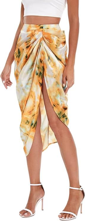 Floerns Women's Boho Floral Print Split Thigh Satin Ruched Midi Skirt | Amazon (US)