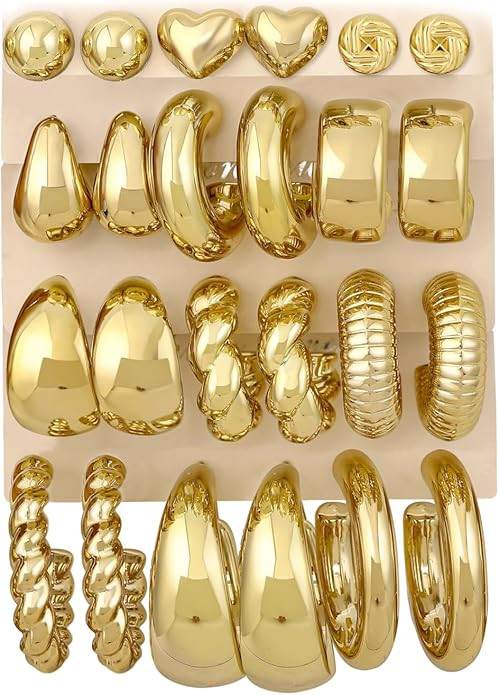 12 Pairs Chunky Gold Hoop Earrings for Women Trendy, Gold Plated Lightweight Hypoallergenic Stack... | Amazon (US)
