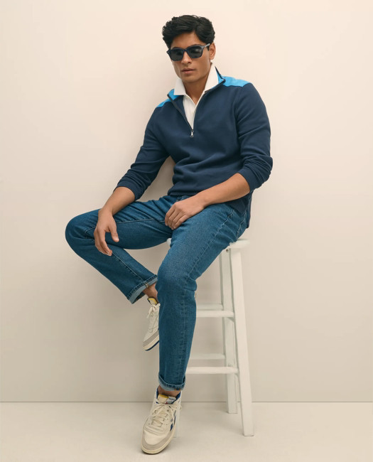 Brooks Brothers Men's Double Faced Cotton Blend Pique Quarter-Zip | Navy | Size Medium | Brooks Brothers