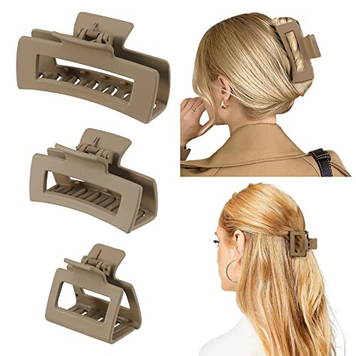 Shinowa 3 Pack Hair Claw Clips, Square Rectangular Claw Hair Clips for Women Girls, Non-slip Matte Large Medium Small Hair Clips, Strong Hold Jaw Clip for Thick Thin Hair, Khaki | Amazon (US)