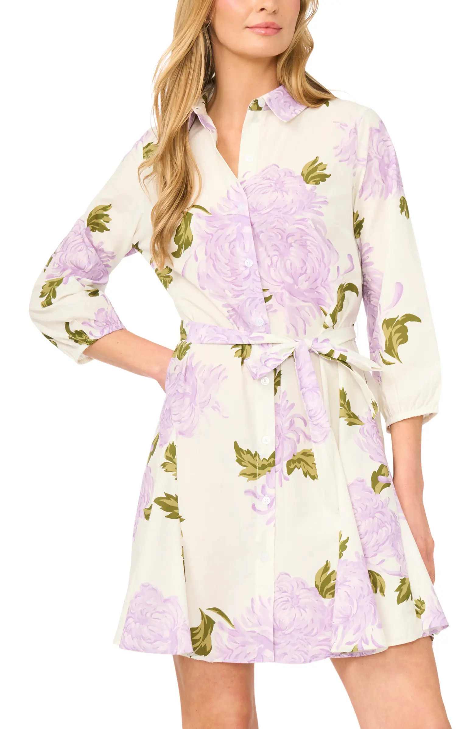 Floral Tie Belt Cotton Mini Shirtdress | Nordstrom