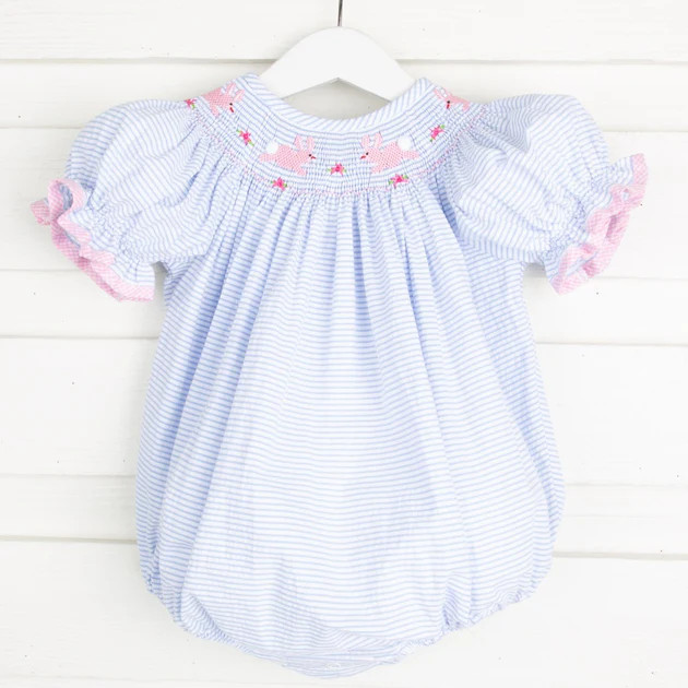 Easter Bunny Smocked Bubble Light Blue Stripe Seersucker | Classic Whimsy