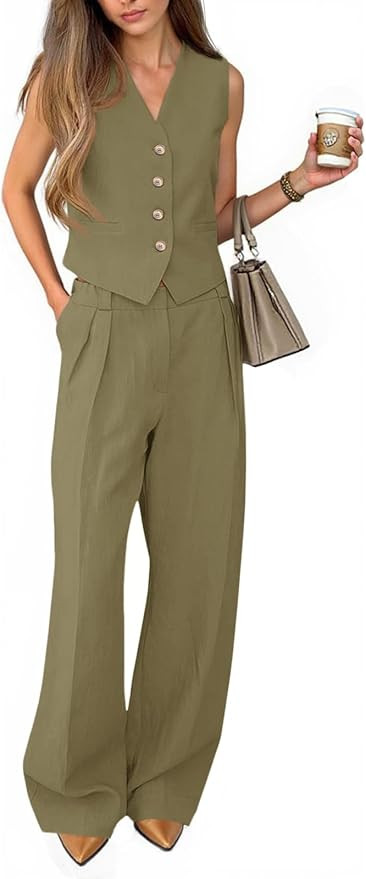 Cicy Bell Women's 2 Piece Outfits V Neck Pants Sets Crop Vest Blazer and Wide Leg Suit | Amazon (US)