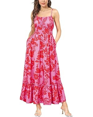 GRACE KARIN Womens 2024 Summer Maxi Dress Casual Sleeveless Spaghetti Strap Smocked Ruffle Beach ... | Amazon (US)