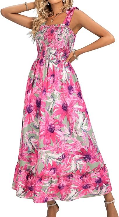 Women's Summer Maxi Dress 2024 Boho Floral Smocked Shirred Beach Sundress | Amazon (US)