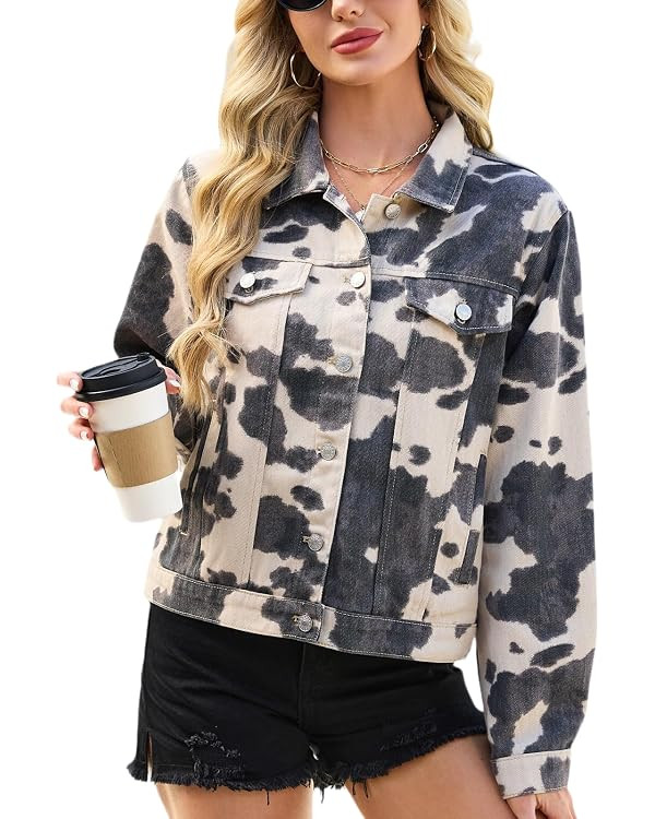 Denim Jacket Women Oversized Jean Jackets Animal Print Casual Long Sleeve Western Coat Trendy Out... | Amazon (US)