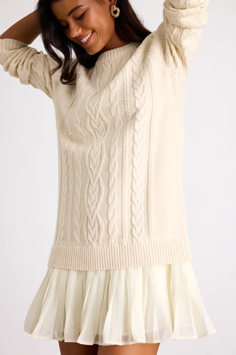 Alvie Cream Cable Knit Drop Waist Sweater Dress | Lulus