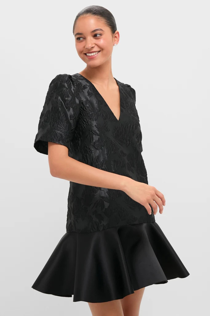 Black Satin Cloque Mini V-Neck Dress | Tuckernuck (US)