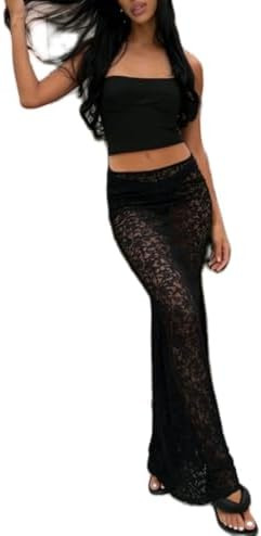 Women Lace Long Skirt Satin High Waist A-line Midi Skirt Y2K Summer Elegant Beach Party Maxi Skir... | Amazon (US)