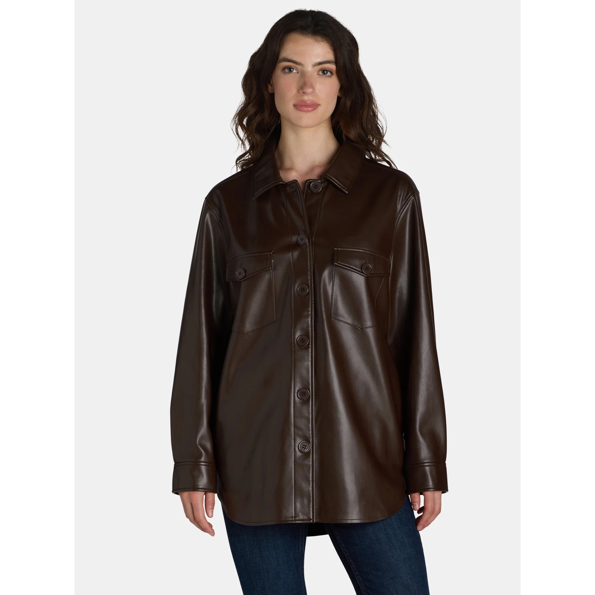 Time and Tru Women's Faux Leather Shacket, Sizes XS-XXXL | Walmart (US)