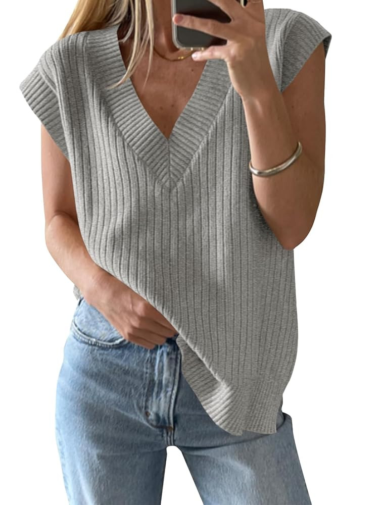 Saodimallsu Womens V Neck Sweater Vest Oversized Ribbed Knit Sleeveless Casual Loose Fit Pullover... | Amazon (US)