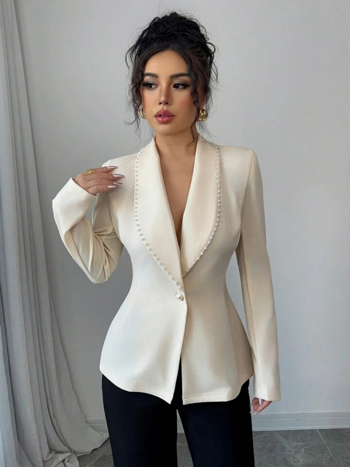 Elenzga Women Elegant Commuting Pearl Embellished Lapel Long Sleeve Blazer | SHEIN