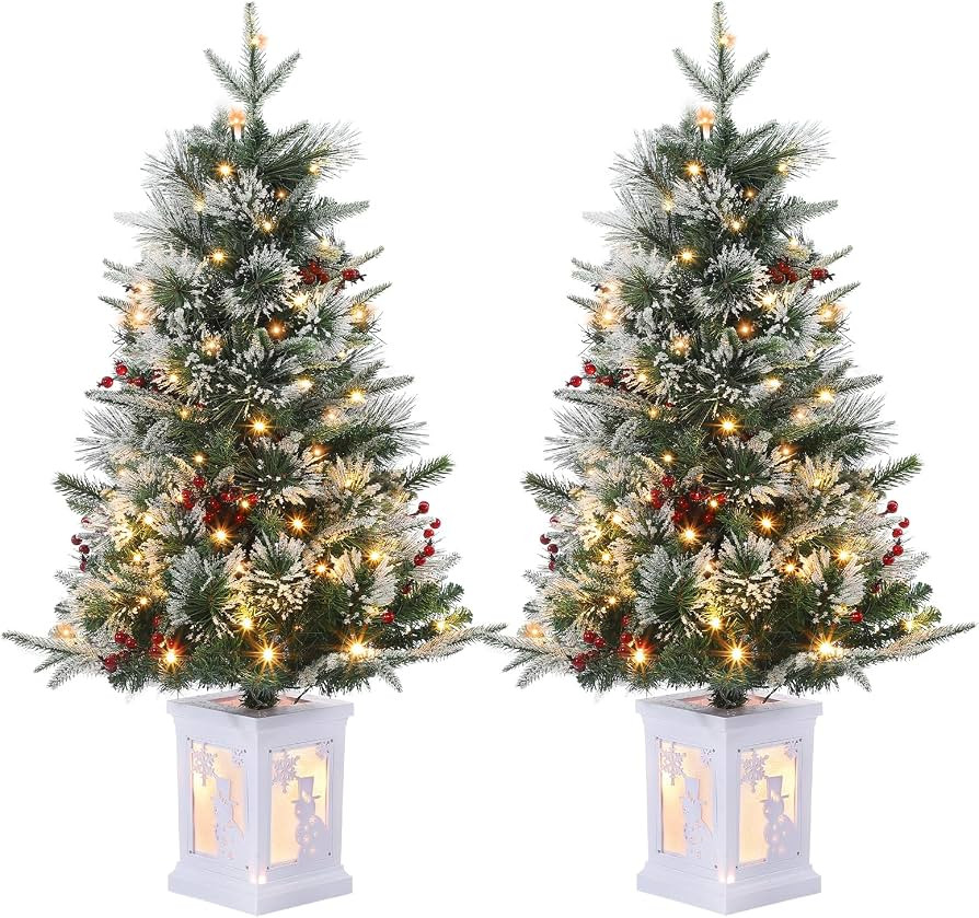 Pre-Lit Artificial Mini Christmas Tree Set of 2, 3FT Small Flocked Christmas Tree with 78 LED Lig... | Amazon (US)