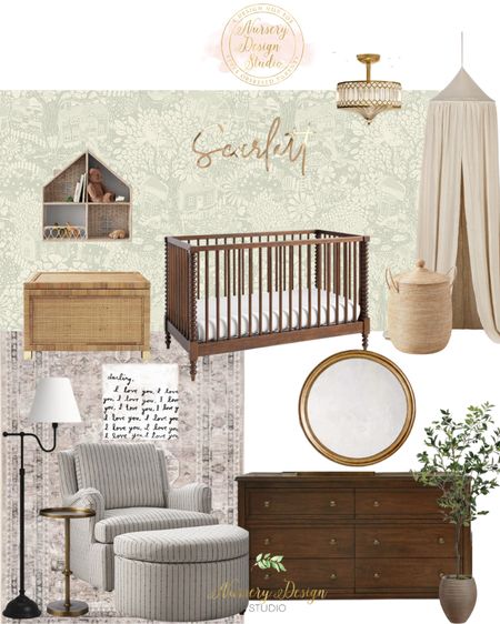 Traditional nursery design, walnut crib, brown rug, round mirror, glider

#LTKKids #LTKHome #LTKBaby