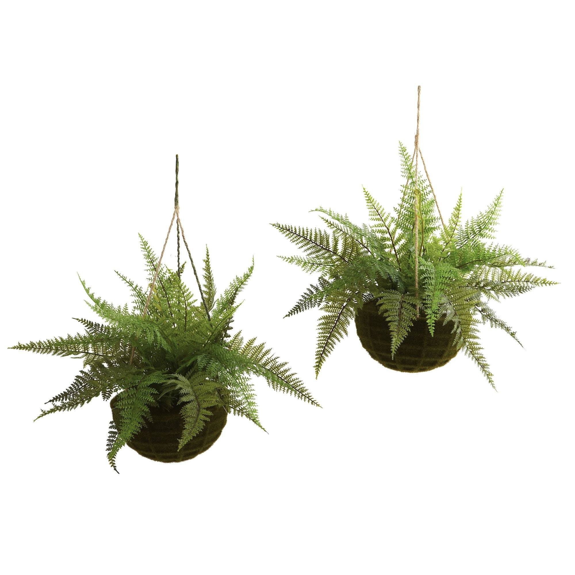 13" Leather Fern Hanging Basket w/ Moss (Indoor/Outdoor)" | Nearly Natural
