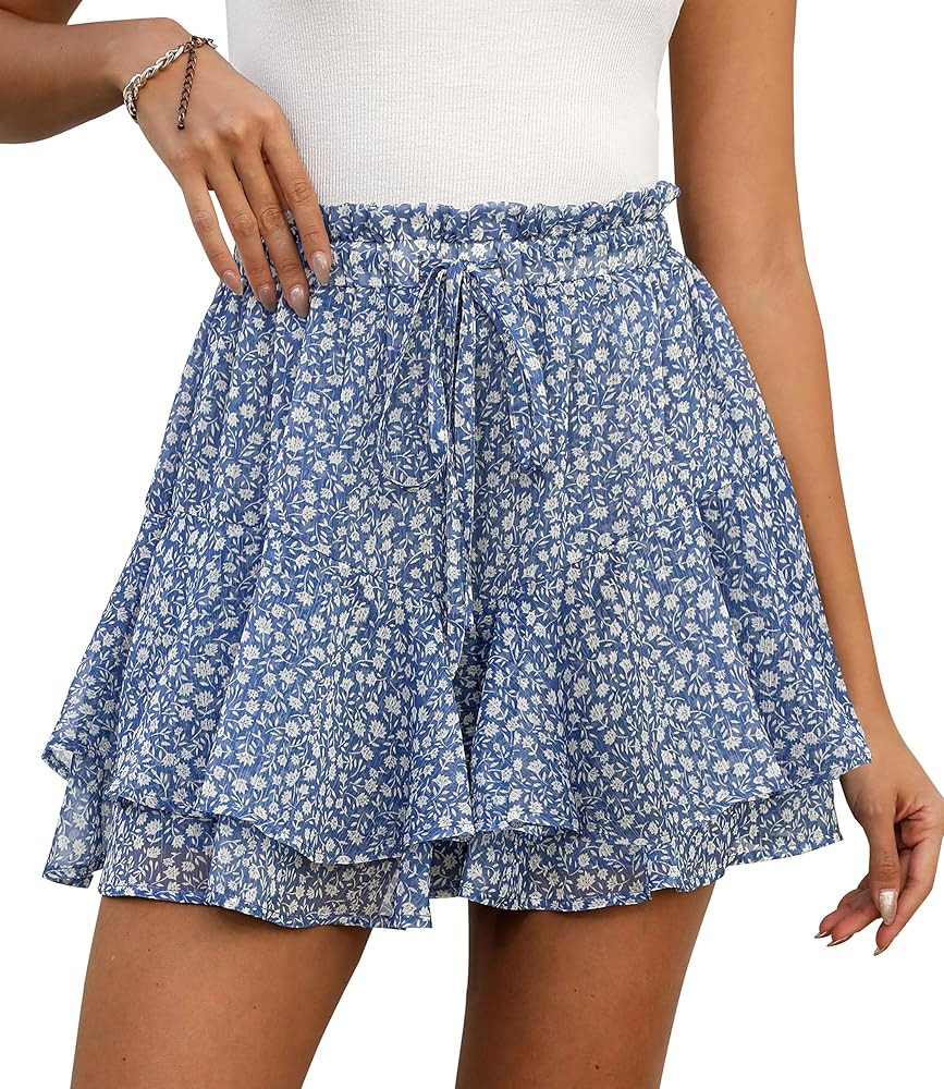 Shorts for Women Summer Casual Chiffon Skorts Boho Ruffle Tennis Mini Skirts | Amazon (US)