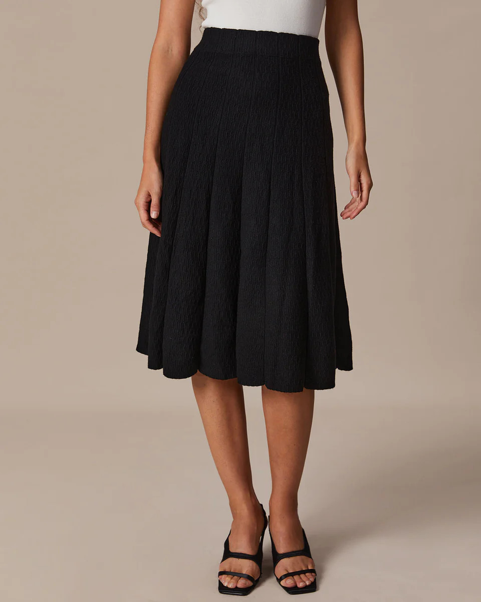 The Black High Waisted Textured Knit Midi Skirt | rihoas.com
