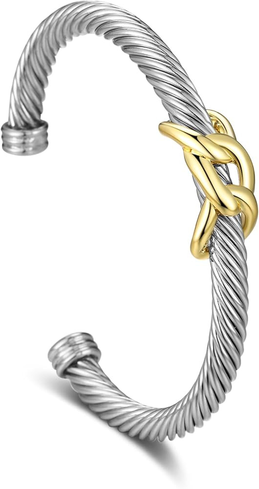 Cuff Bracelet for Women Cable Wire Bracelet - Stainless Steel Twisted Two Tone Bangle - Silver Cu... | Amazon (US)