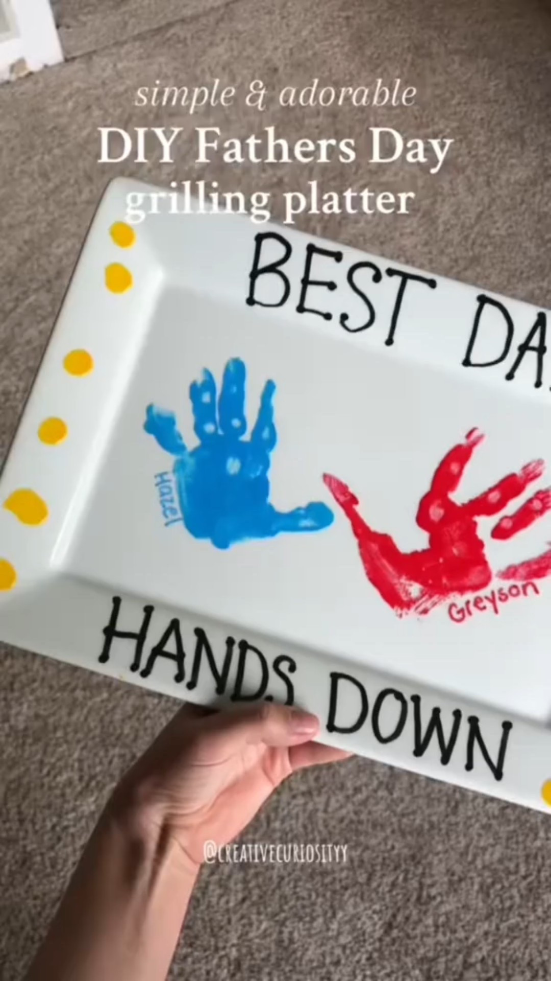 
Have a Dad who loves to grill? What's a more perfect gift than making him a new grill plate?! 😍

How to make it:
1. Grab a ceramic plate - we got ours at Walmart but you can find them tons of places
2. Paint your child's hand with acrylic paint and press firmly onto the plate
3. Decorate with acrylic paint pens (add details, words, etc).
4. WAIT FOR IT TO DRY - at least 24 hours ‼️
5. Seal with an acrylic sealer - ONLY do this after everything is dry so it doesn't smudge
6. Bake at 350 for  30 minutes
7. Let cool and you're done! 👏🏼 

So simple and it makes the most meaningful keepsake and best Father's Day gift 🙌🏼

#fathersday #fathersdaygift #diy #diygift #diyfathersdaygifts #dad #giftforhim #giftfordad #giftforgrandparents #grillplate  #fromkids #toddlerdiy


#LTKFamily #LTKGiftGuide #LTKKids