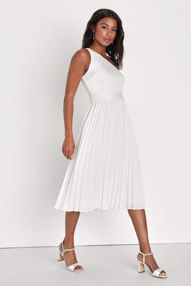 Festive Flirtation White Satin Jacquard One-Shoulder Midi Dress | Lulus (US)