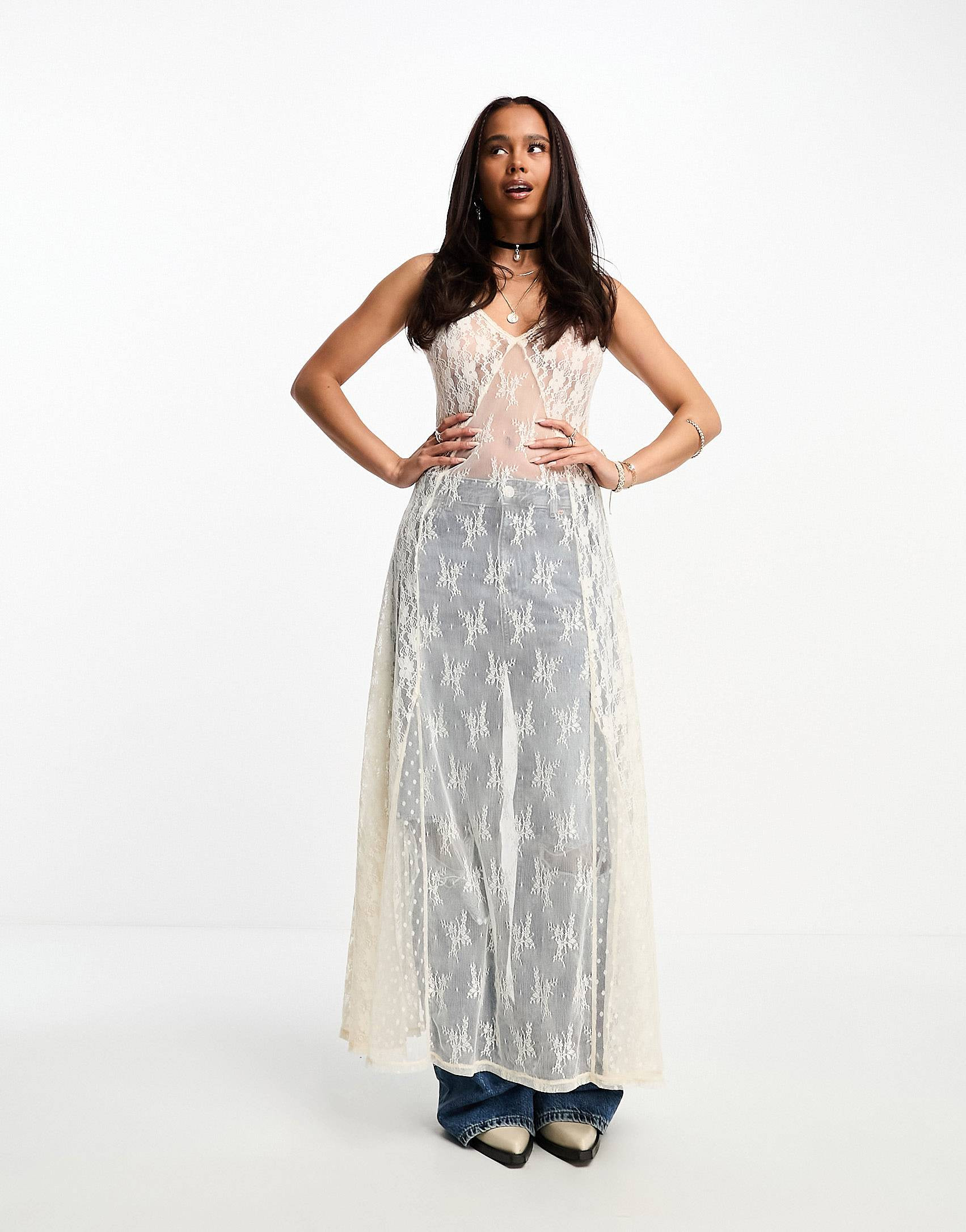 Miss Selfridge festival sheer lace slip dress in cream | ASOS (Global)