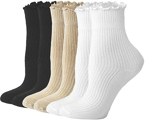 ACCFOD Ruffle Socks for Women - Frilly Cute Ankle Socks in White, Black, Khaki - Sizes 5-9 | Amazon (US)