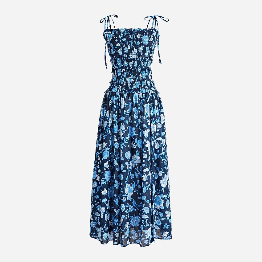 Smocked midi dress in midnight-blue floral | J. Crew US
