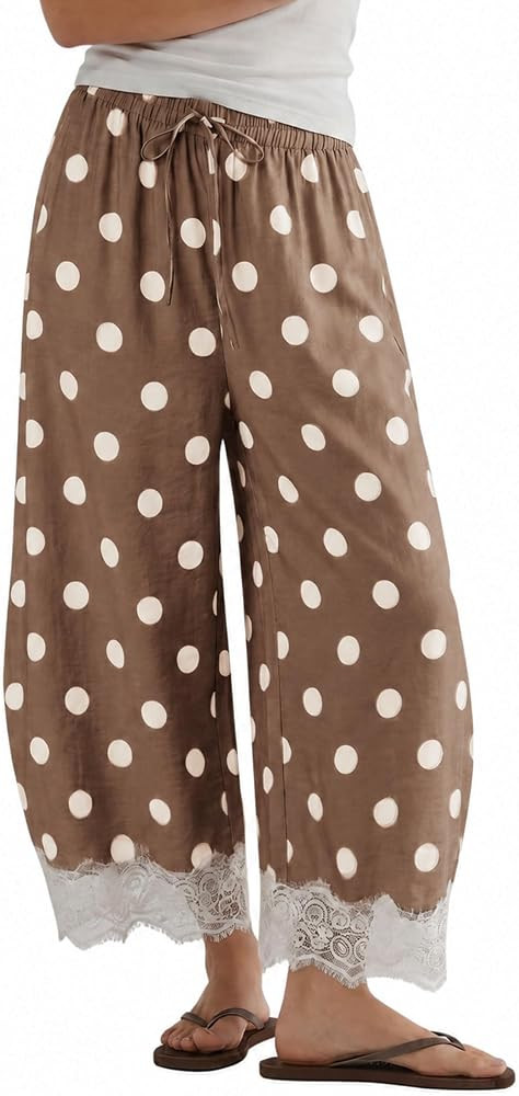 Athlisan Womens Polka Dot Wide Leg Palazzo Pants High Waisted Summer Lace Trim Cropped Baggy Trou... | Amazon (US)