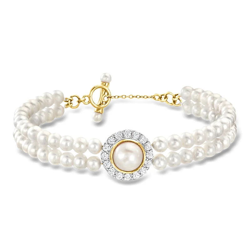 4-8.5mm Cultured Pearl and 1.00 ct. t.w. White Zircon Bracelet in 18kt Gold Over Sterling. 7" | Ross-Simons