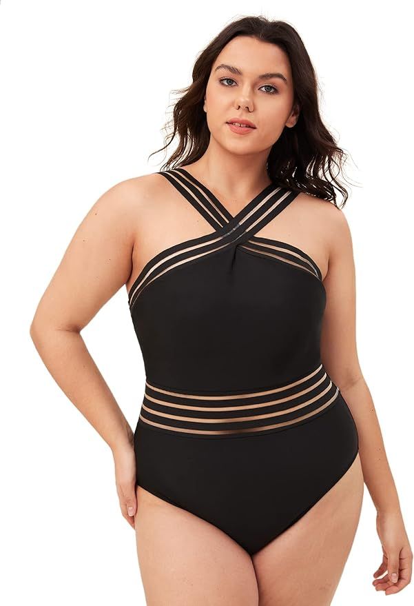 WDIRARA Women's Plus Size Crisscross Mesh Halter One Piece Swimsuit Monokini Swimwear | Amazon (US)