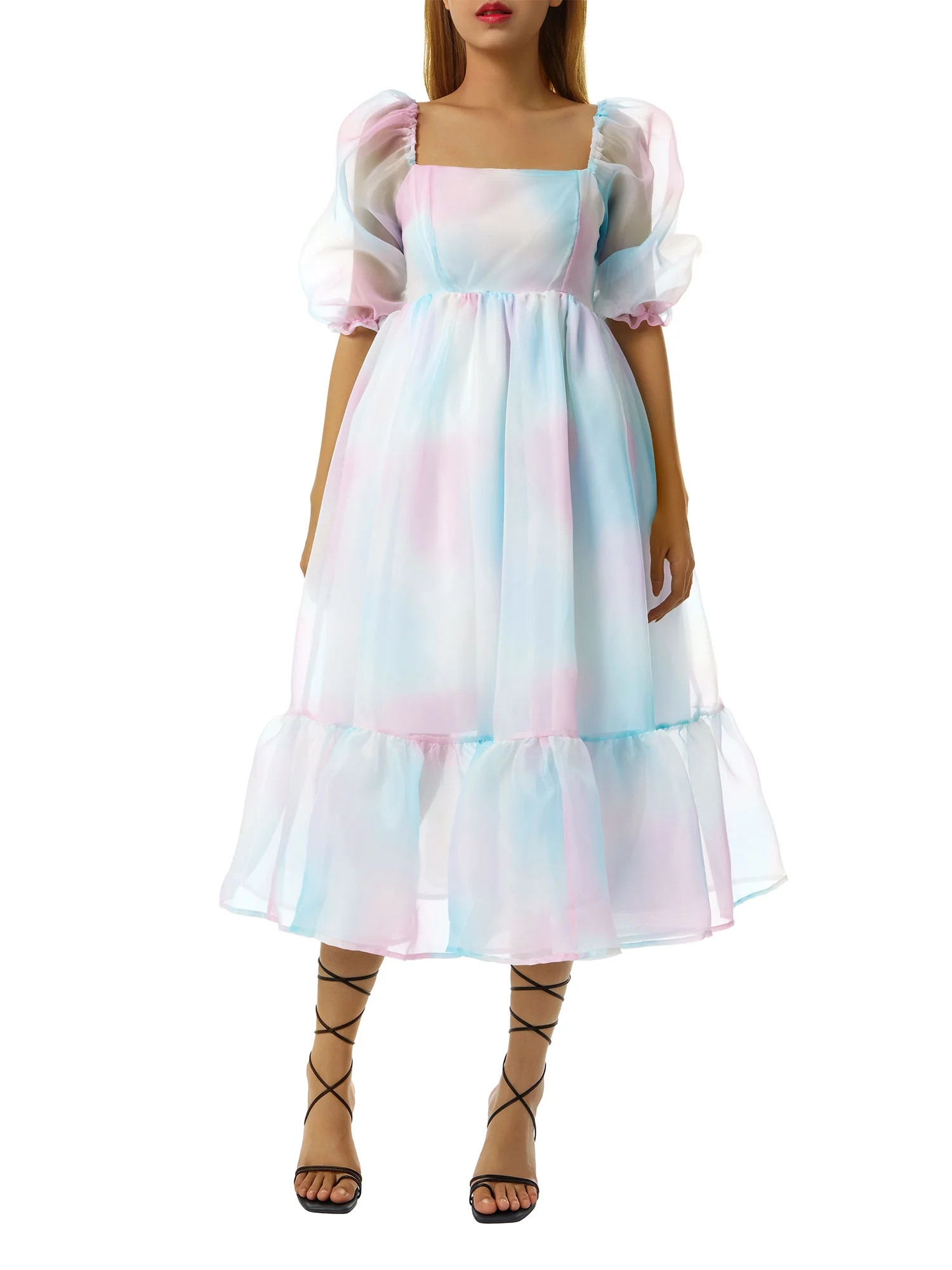 Women's Puff Sleeve Tulle Dress Square Neck Off Shoulder Solid Color Tie Dye High Waist Ruffle Me... | Walmart (US)