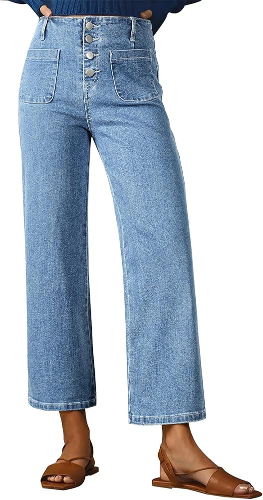 SIDEFEEL Women's Wide Leg Jeans High Waisted Tummy Control Buttoned Loose Denim Pants with Pocket | Amazon (CA)