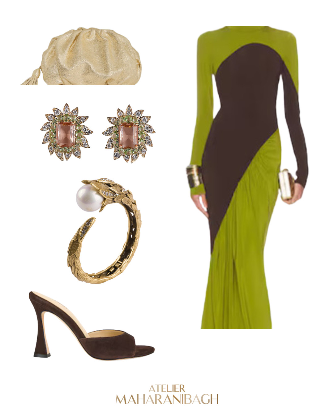 An ode to contrast, chartreuse and espresso tones, fluid drape and sculpted gold.

This look celebrates the art of duality: bold yet restrained, soft yet powerful.

Statement crystal earrings frame the face with couture brilliance, while our Plumelle Pearl Cuff adds the perfect whisper of drama. Paired with a molten clutch and sculptural heels, it’s the kind of ensemble that doesn’t just enter a room, it defines it.

Because when the night calls for presence, you don’t just dress — you arrive. 

 