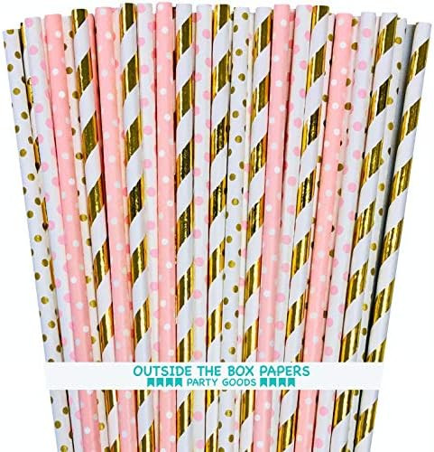 Pink and Gold Foil Paper Straws - Stripe and Polka Dot - 100 Pack | Amazon (US)