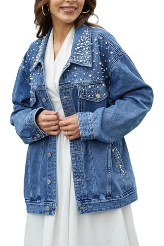 Muundim Oversize Denim Jacket with Pearls for Women, Bride Jean Jacket Long Sleeves Rhinestones Denim Trucker Coats | Amazon (US)