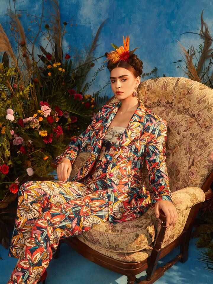 Frida Kahlo X SHEIN X Designer Oxana Floral Print Button Front Blazer | SHEIN